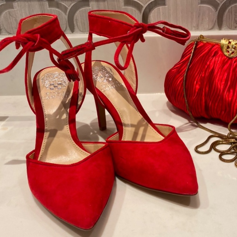 Vince Camuto Red Suede Ankle Tie Heels